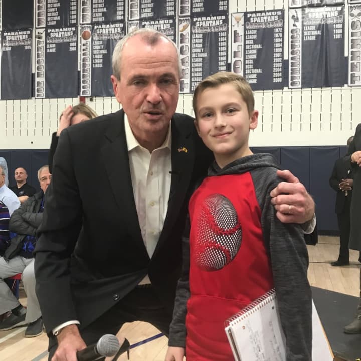 Jack, a fifth grader at West Brook Middle School, asks Gov. Murphy his opinion on PARCC testing Wednesday.