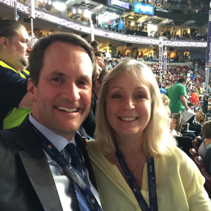 U.S. Rep. Jim Himes poses with Weston delegate Barbara Reynolds at the Democratic National Convention in Philadelphia.
