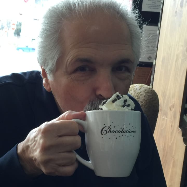 Enjoying hot chocolate at Chocolations in Mamaroneck.
