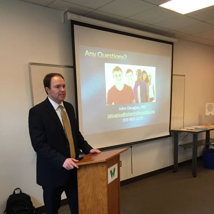 Dr. John Douglas of New Canaan&#x27;s Silver Hill Hospital delivers a presentation on marijuana to a group of Wilton parents Tuesday following the presentation of survey results on substance abuse in Wilton teens.