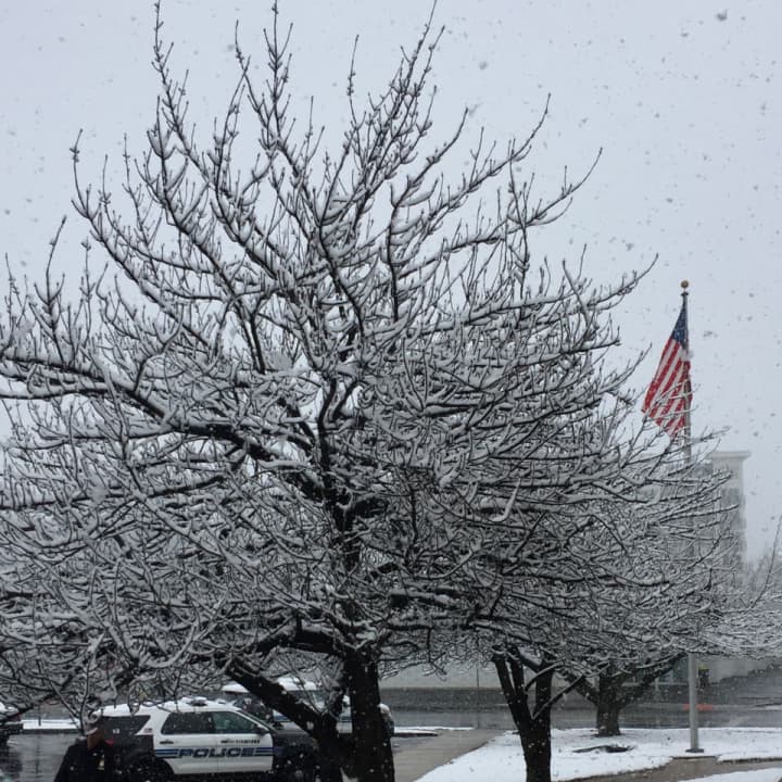 It was a snowy scene outside the Stamford Police Department on Friday.