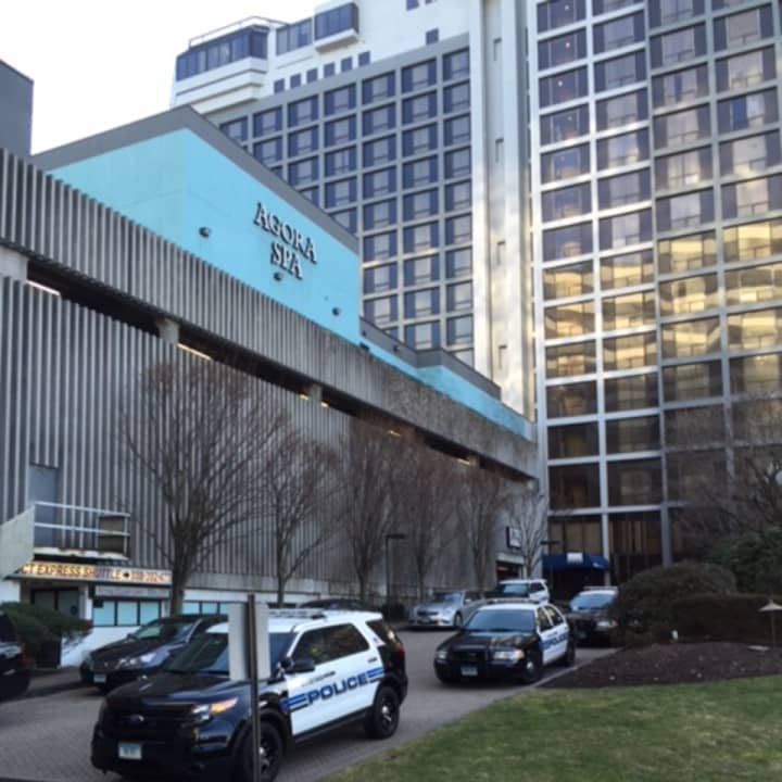 Stamford police respond to reports of a shooting at the Marriott Hotel in Stamford Tuesday.