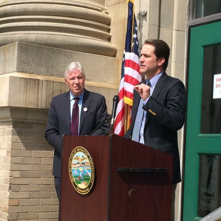 U.S. Rep. Jim Himes addresses the crowd at the 2016 L&#x27;Ambiance Plaza memorial service in Bridgeport.