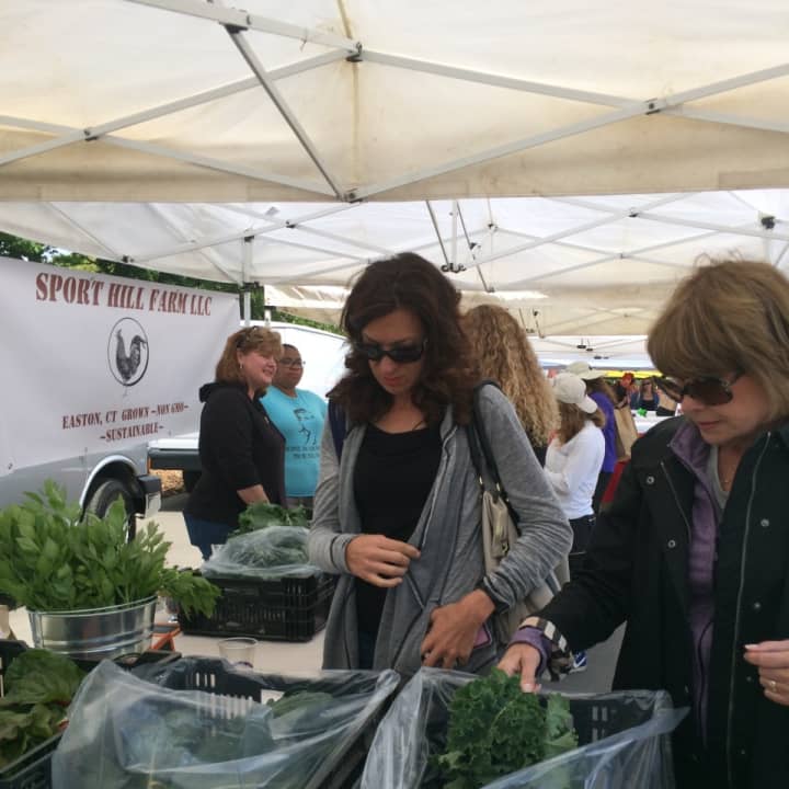 Shoppers peruse the tasty fresh offerings on opening day of the Westport Farmers Market.