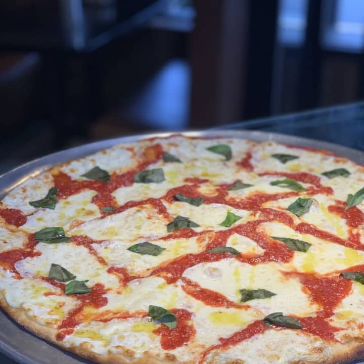 Margarita Pizza (a light and airy old fashioned pizza with fresh mozzarella and San Mariano tomato sauce) from Uncle Louie’s Pizza, located at 754 Franklin Ave., in Franklin Lakes