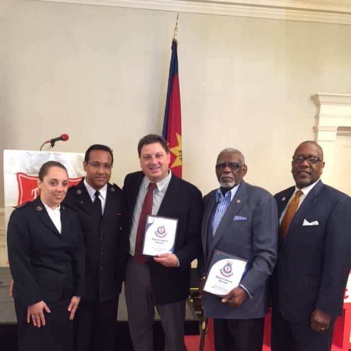 Donald Whitely, Captain Giovanny Guerrero and Captain Ester Guerrero of Tarrytown Salvation Army presented the Lifetime Achievement Award to Rev. Dr. John H. Gilmore; Community Service Award to Joe Arduino; and Corporate Award to Prestige Brands.
