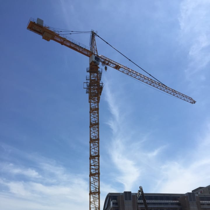 A crane towers over the future site of the Atlantic Station development in Stamford.