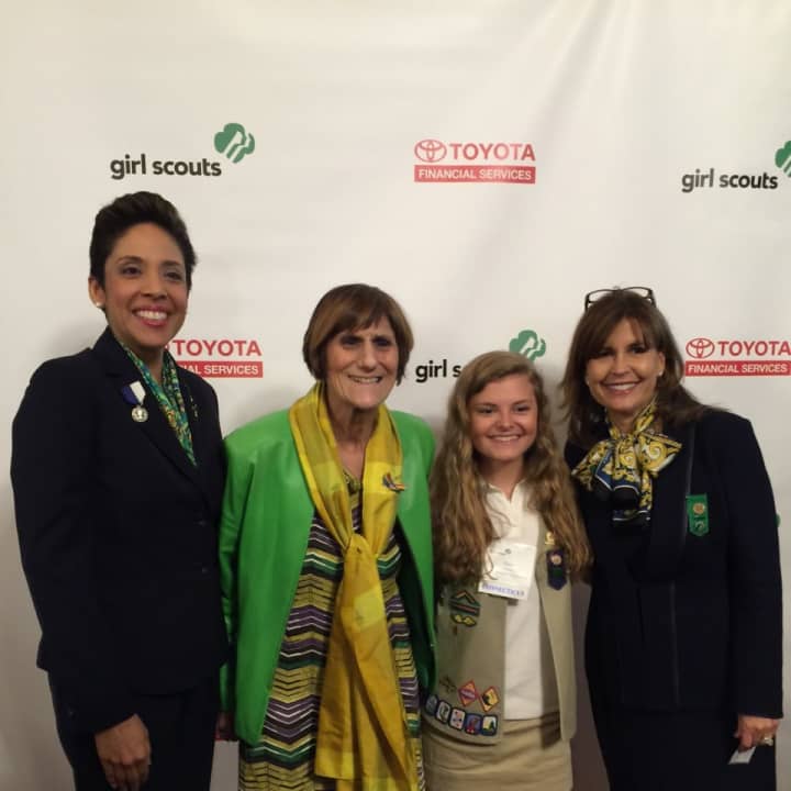 Girl Scouts’ National CEO Anna Maria Chávez, U.S. Rep. Rosa DeLauro, Girl Scouts of Connecticut’s spokesperson for Gold Award Centennial, Girl Scout Grace Anne Herrick of Newtown and National Board President Kathy Hopinkah Hannan.