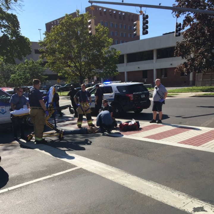 A man was hit by a car at the intersection of Morgan Street and Hoyt Street in Stamford Wednesday.