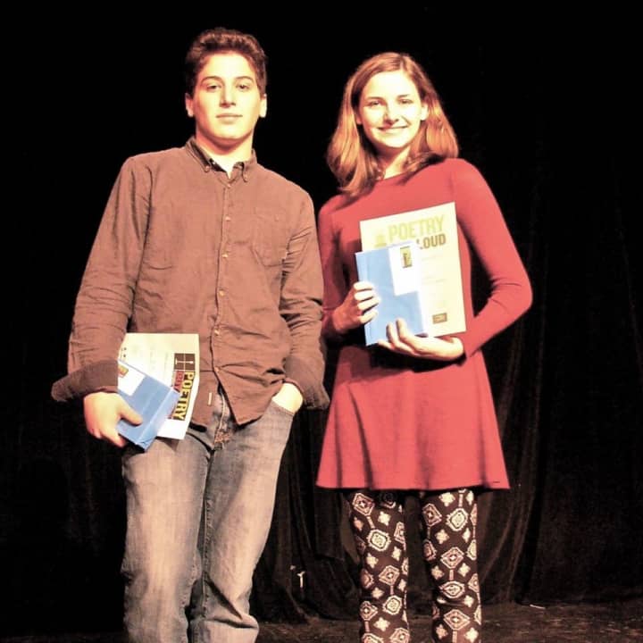 John Jay High School junior Jessica Moss, right, won the school’s Poetry Out Loud contest. Isaiah Blum, left, was the runner-up.