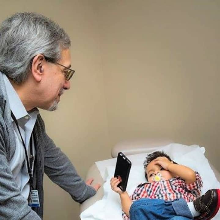 Dr. Kenneth Lieberman, M.D., chief of Pediatric Nephrology at the Joseph M. Sanzari Children’s Hospital at HUMC with Kyle.