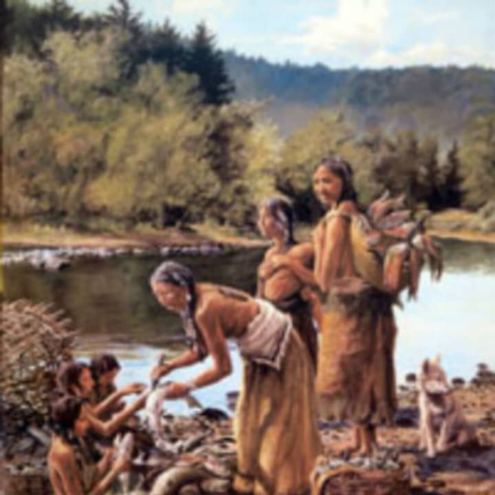 Lenape women fishing in the river.