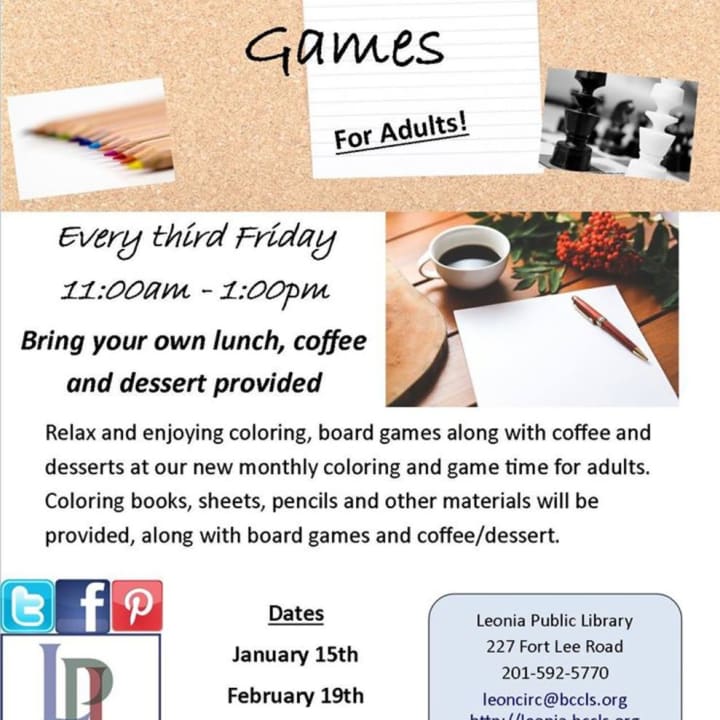 Coloring, board games and coffee ia available for adults every third Friday at the Leonia Public Library.