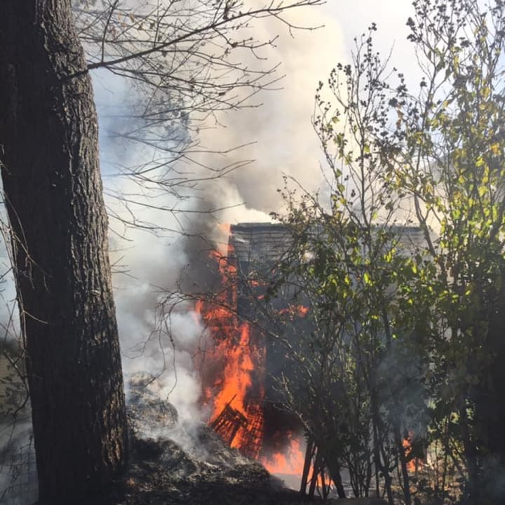 Flames from a brush fire in Trumbull on Monday spread to a storage shed at a home on Wilson Avenue. The fire was apparently started by fireplace ashes that had been discarded by the homeowner.