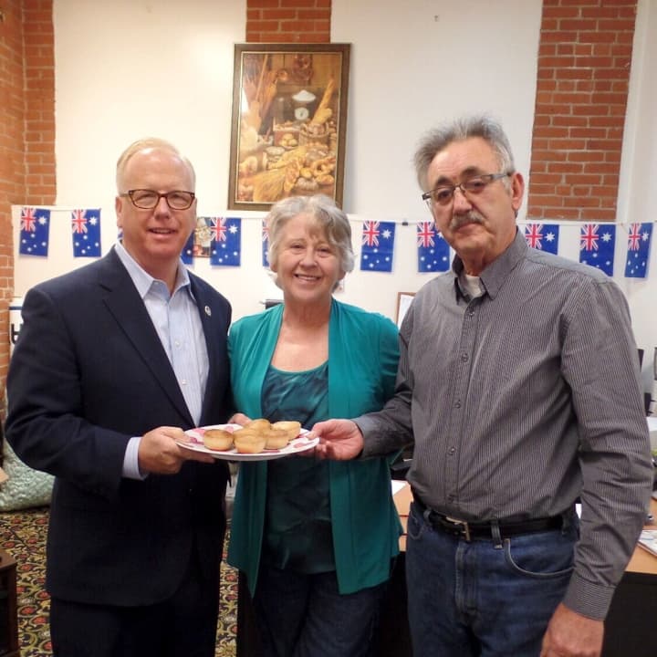 John and Bernadette Hayes, right, with Mayor Mark Boughton of Danbury, in the PenPies factory.