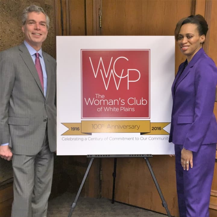 Mayor Tom Roach and Councilwoman and Woman’s Club Member Nadine Hunt-Robinson Display the New Logo of The Woman’s Club of White Plains