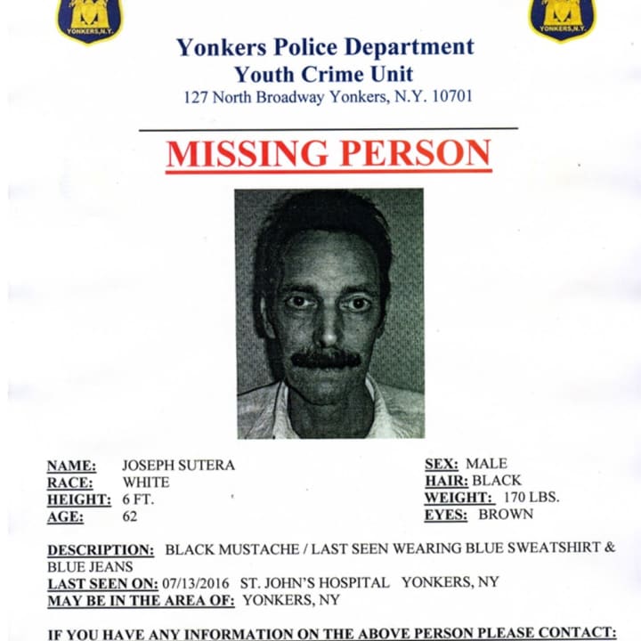 The Yonkers Police Department is searching for Joseph Sutera, who has gone missing.