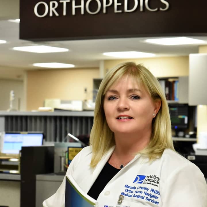 Marcella O’Herlihy, RN an orthopedic nurse navigator with The Valley Hospital’s Total Joint Replacement Center, helps patients suffering from limited mobility return to everyday life.