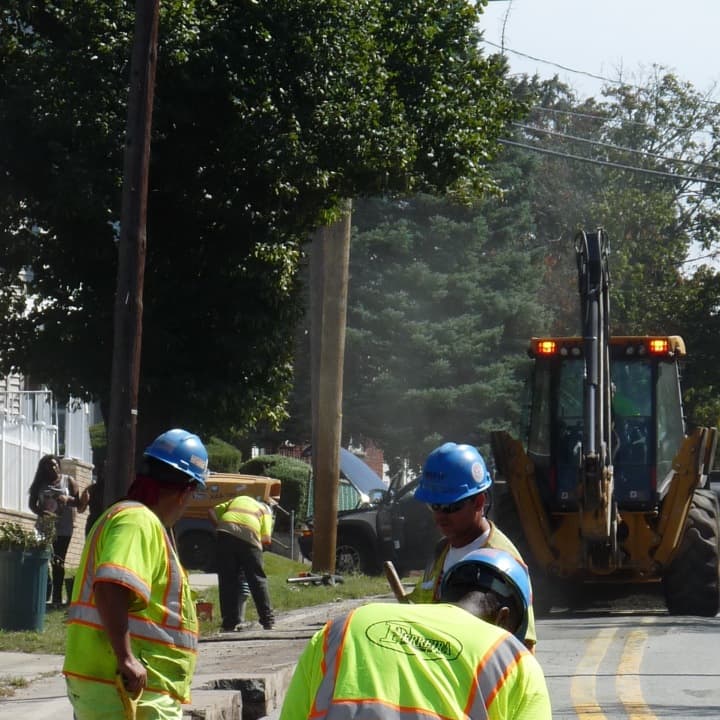 Contractors for PSE&amp;G&#x27;s Energy Strong project at work on River Drive in Elmwood Park — one of several road projects tying up traffic in the area this week. 