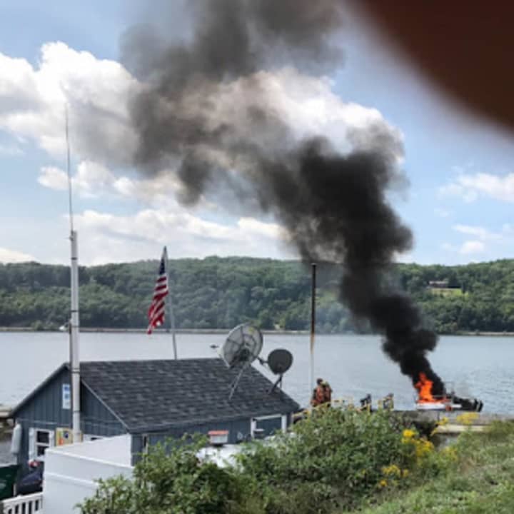 A boat caught on fire at the Brass Anchor Marnia.