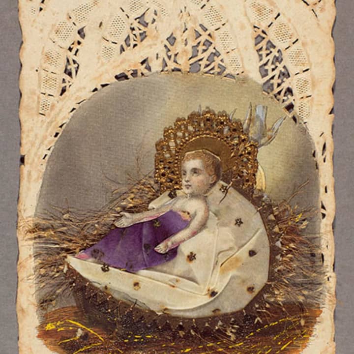 Devotional card. Couronne de Douleurs Couronne de Gloire [Crown of Sorrows Crown of Glory]. Paris, ca.1847-1860. Made by Bouasse-Lebel; engraved image on lace paper with applied elements including die-cut and gilded scraps, tissue, and dried flowers.