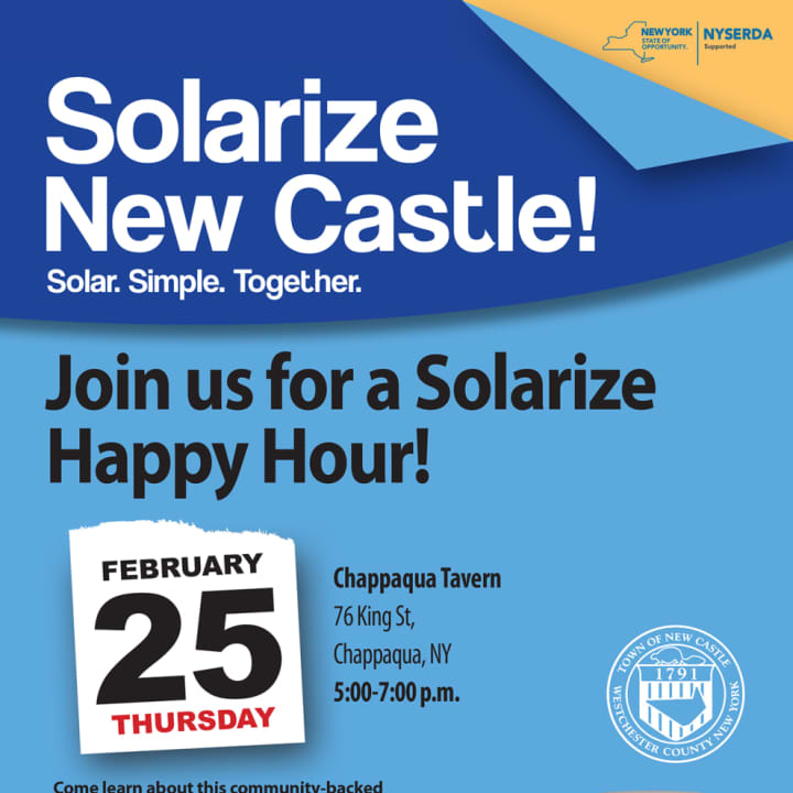 Solarize New Castle will hold a happy hour from 5 to 7 p.m. at the Chappaqua Tavern on Thursday to inform residents about the solarize program available to them.