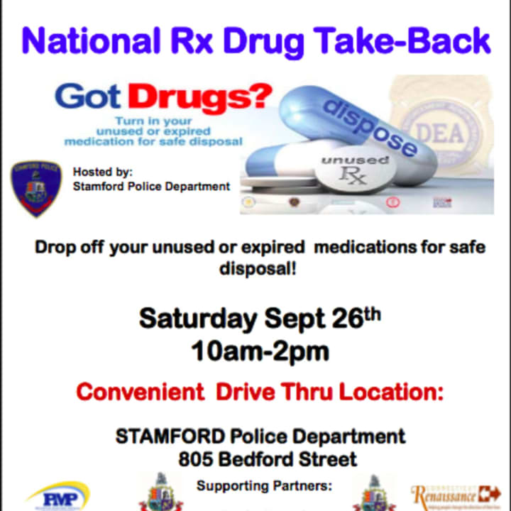 Residents can return unused or expired medications at the Stamford Police Department, 805 Bedford St., Sept. 26.