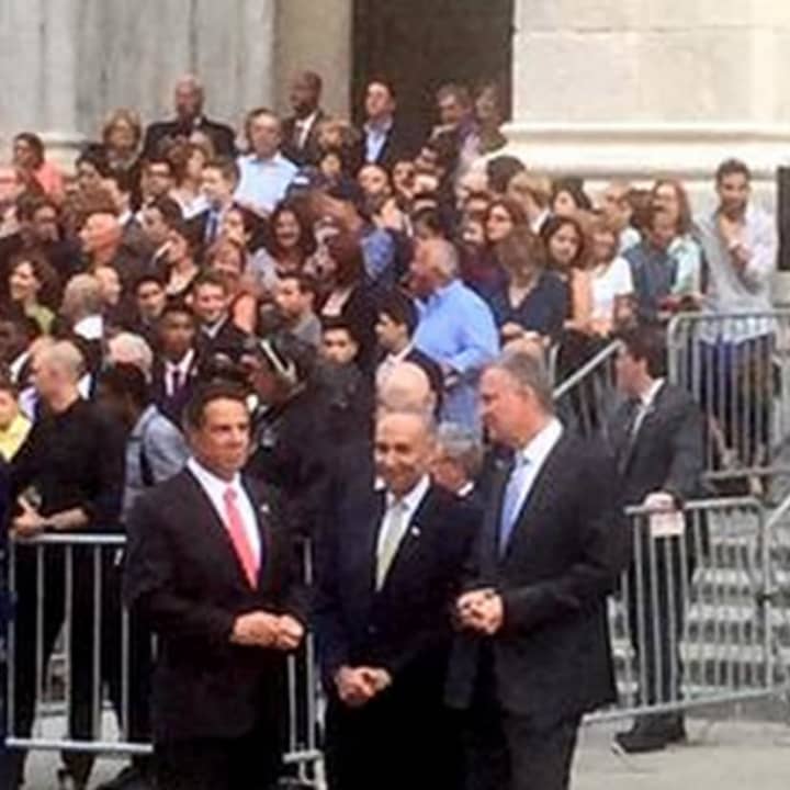 Gov. Andrew Cuomo, far left, waiting outside St. Patrick&#x27;s Cathedral to greet Pope Francis alongside Sen. Chuck Schumer and New York City Mayor Bill de Blasio on Thursday.