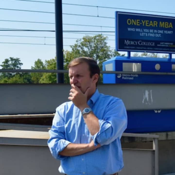 U.S. Sen. Chris Murphy, shown at a summer press conference at the Noroton Heights train station in Darien, has launched new online survey, ‘Fed Up,’ about transportation woes throughout the state. 