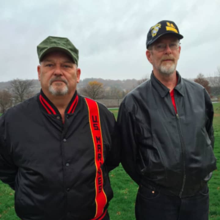 George French, left, and George Gutman, both former Marines attended the Veterans Day service in Shelton on Wednesday.