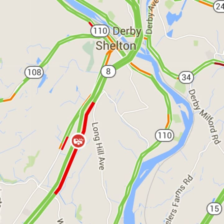 There is a nearly 3-mile backup on Route 8 in Shelton due to a one-car crash.
