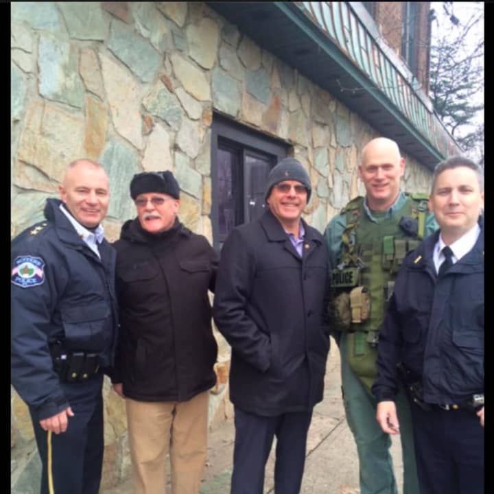 From left, Chief Clarke Osborn, Trustee Frank Hagen, Mayor Ed Markunas, SWAT Sgt. Rick Marsh and Lt. Ed Dolan.