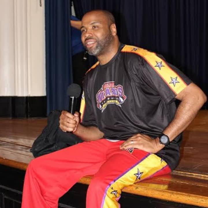 &quot;Big Mike&quot; Matthews stopped by several Greenburgh schools to pump up students prior to next month&#x27;s game between the Harlem Wizards and Greenburgh faculty and community members.