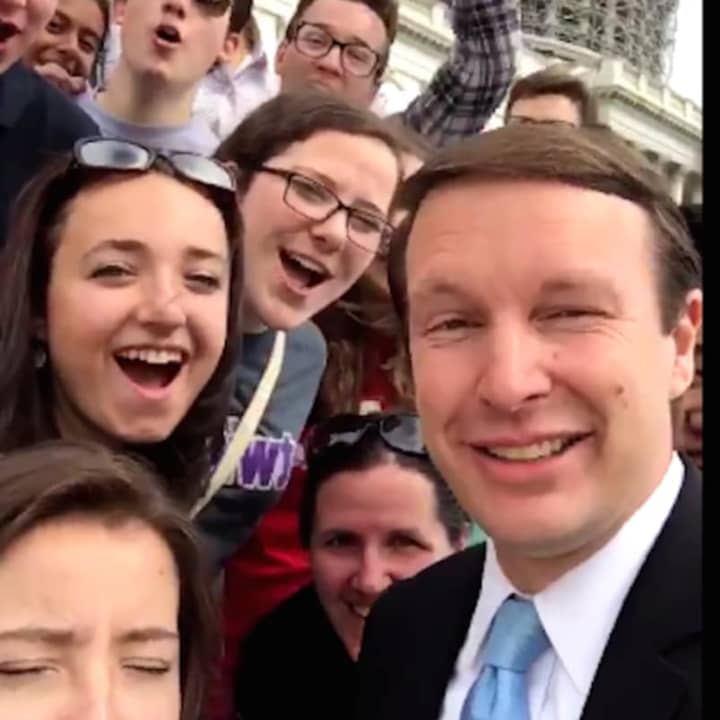 U.S. Sen. Chris Murphy celebrates with the Trumbull We the People team on Capitol Hill. The team placed eighth in the national finals.