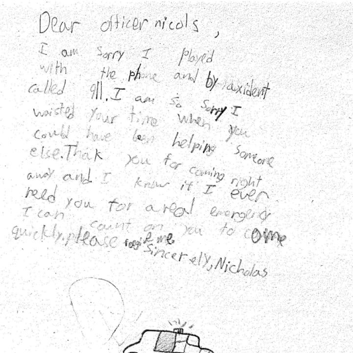 East Fishkill police responded to a boy&#x27;s mistaken 911 call, for which the boy apologized in a letter (shown here).