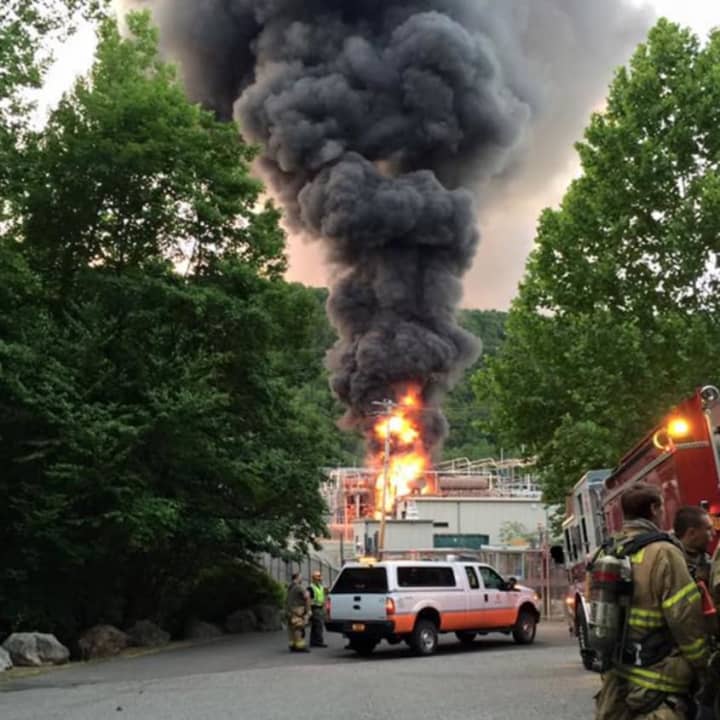 Smoke is seen at the Con Ed transformer in Hillburn Friday evening.