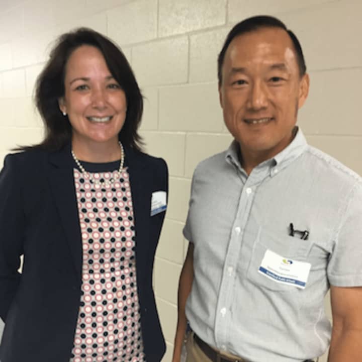 New Stamford Public Schools Superintendent Earl Kim poses with Abbie Lareau, new director of School Improvement and Professional Development, Secondary. They were at the new teachers and staff orientation at Westover School last week.