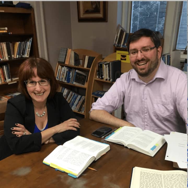 From left, Cantor Penny Kessler and Rabbi Stefan Tiwy prepare for Rosh Hashanah at the United Jewish Center in Danbury.