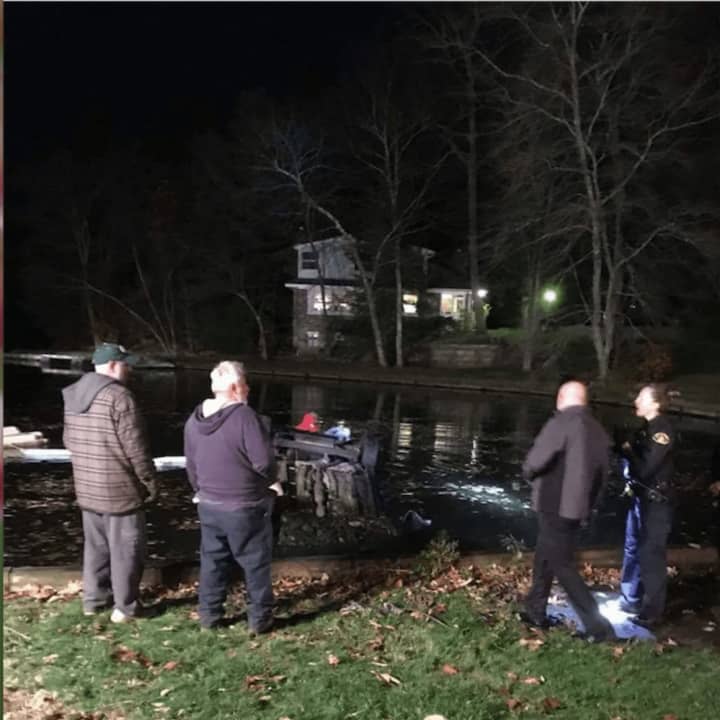 A photo taken by hero teen Cullen Malzo after a car with two 17-year-old female passengers went flying into Lake Mahopac after the driver lost control of the vehicle.