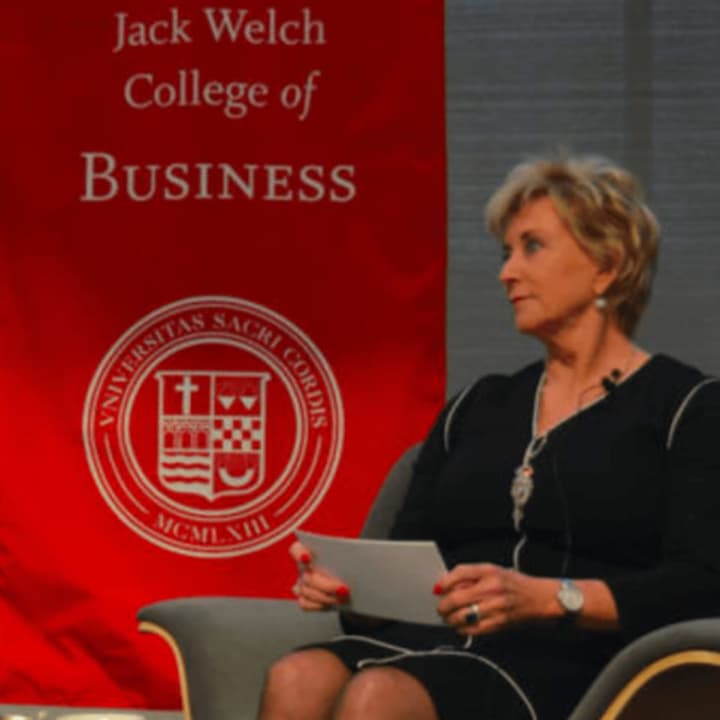 Linda McMahon, co-founder of Stamford-based WWE, takes part in the Women Can Have It All series at Sacred Heart University in Fairfield.