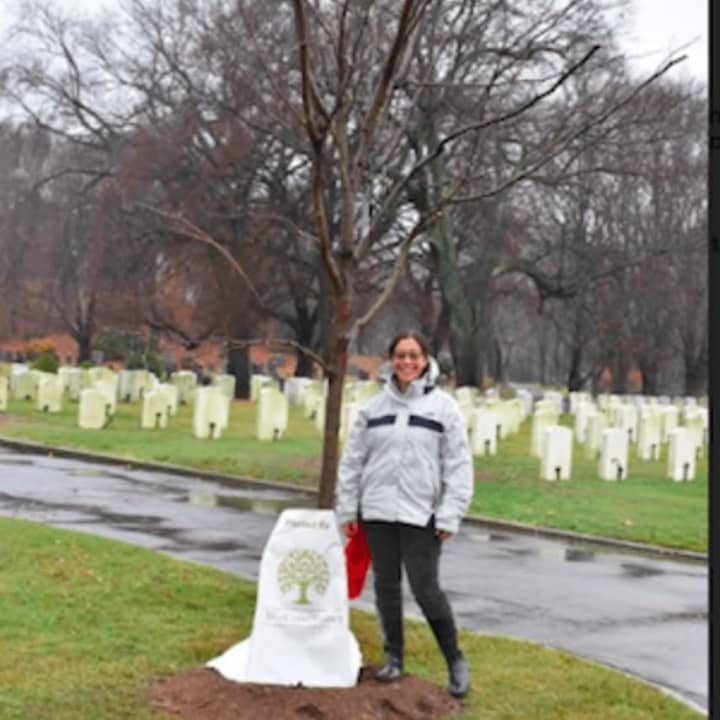 Sabina Harris, chair of Tree Conservancy of Darien, at the group&#x27;s recent planting at Spring Grove Cemetery and Veterans Cemetery.