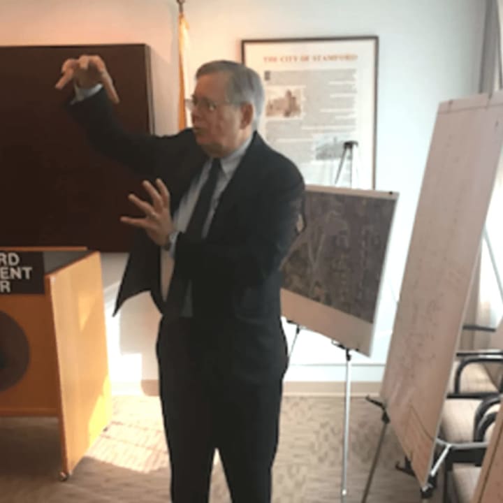 Stamford Mayor David Martin makes a point during a press conference announcing the start of a project to improve traffic flow.