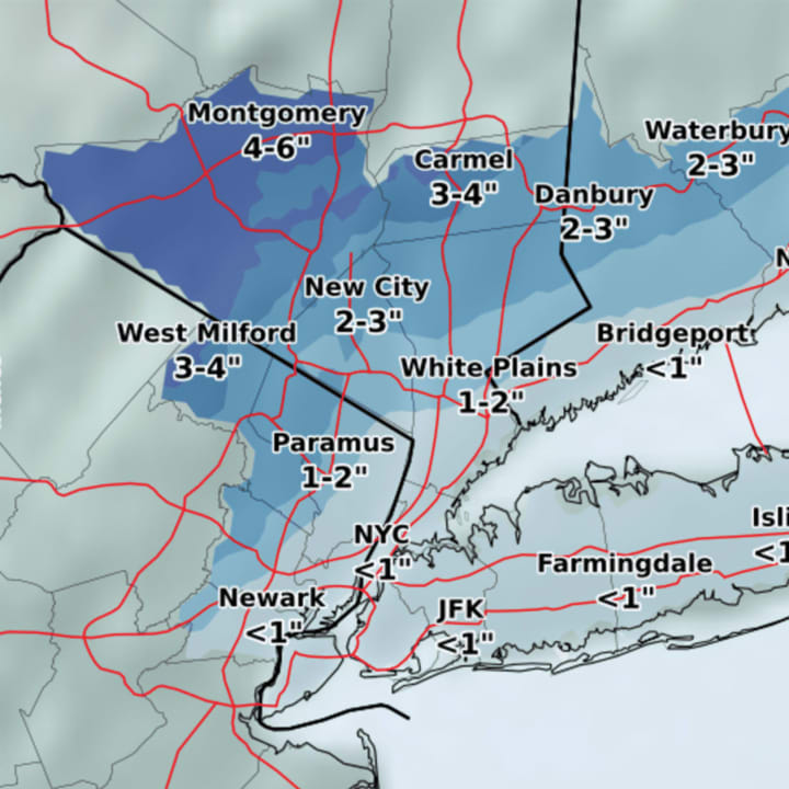 <p>A look at projected snowfall totals from Sunday afternoon through early Monday morning, when the wintry mix is expected to change over to all rain.</p>