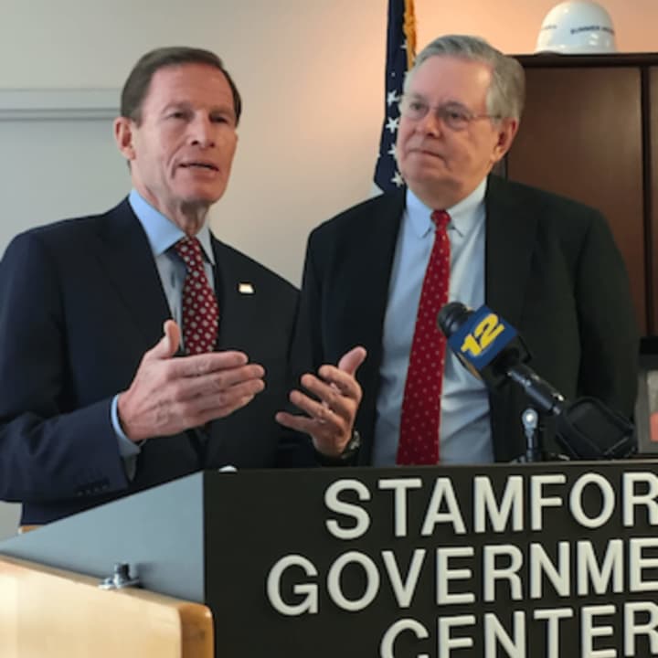 U.S. Sen. Richard Blumenthal, left, and Stamford Mayor David Martin talking about proposed changes to the railroad system in the Northeast Corridor, including Stamford. They spoke Thursday at the Stamford Government Center.
