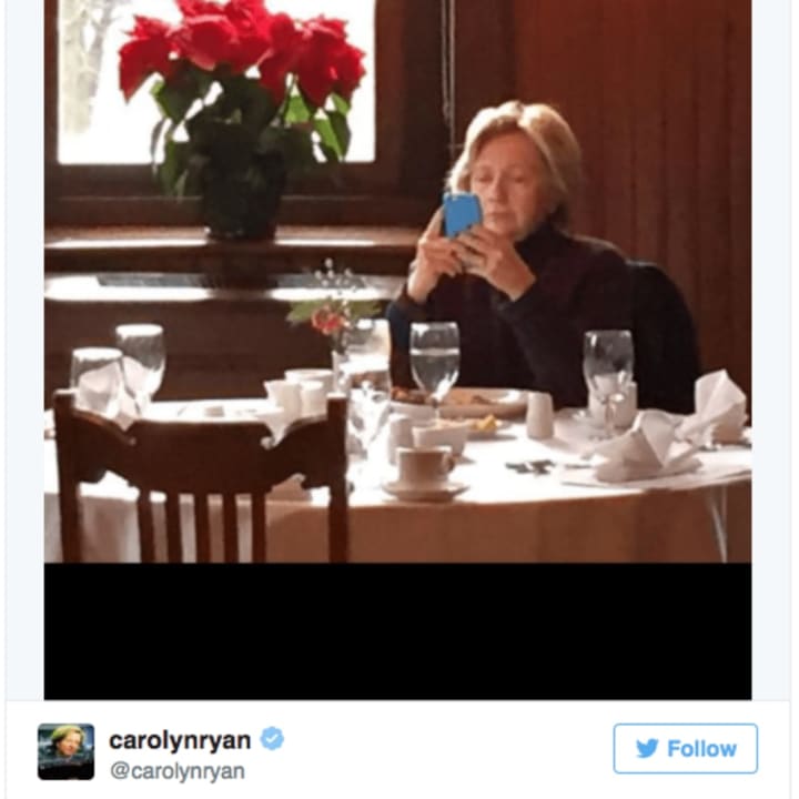 Chappaqua&#x27;s Hillary Clinton was snapped having breakfast and checking her cell phone at the Mohonk Mountain House in New Paltz Wednesday. This image was tweeted by Carolyn Ryan, a New York Times editor.