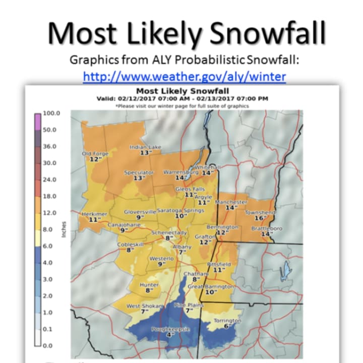 Latest snowfall accumulation projections for Dutchess and surrounding areas, released early Sunday morning by the National Weather Service.