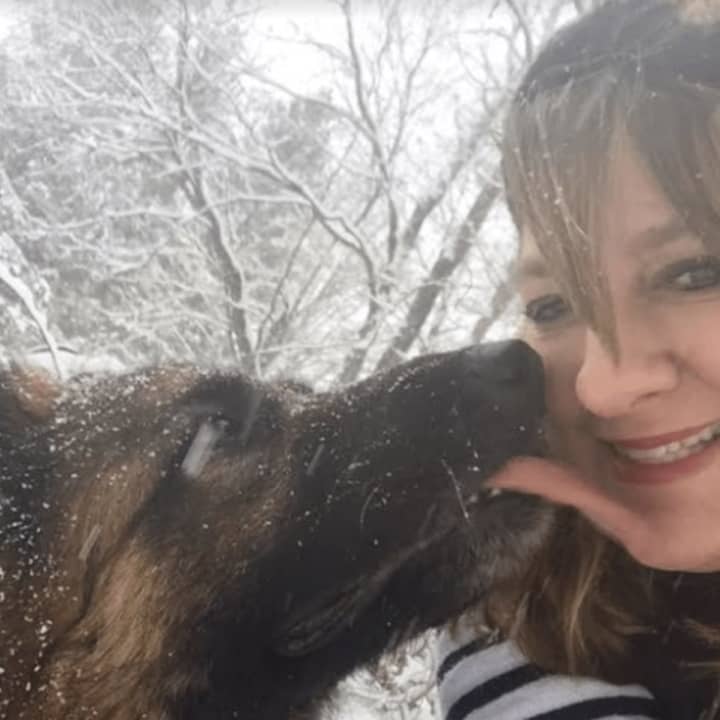 Danbury resident Kristin Wolfe plays in the snow with her 7-year-old German shepherd, Zara.