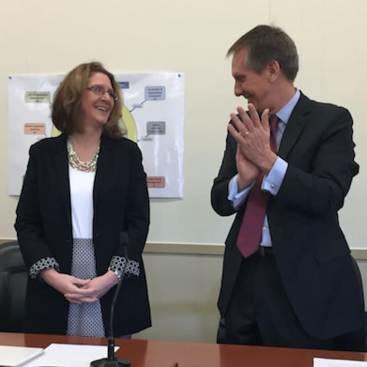 Jill Gildea is welcomed as Greenwich Public School&#x27;s new superintendent of education by Board of Education chairman Peter Sherr Thursday morning.