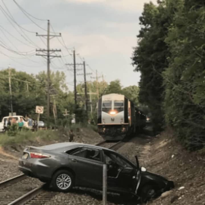 A Toyota swerved onto the Pascack Valley Line railroad tracks in Westwood moments before a train came.