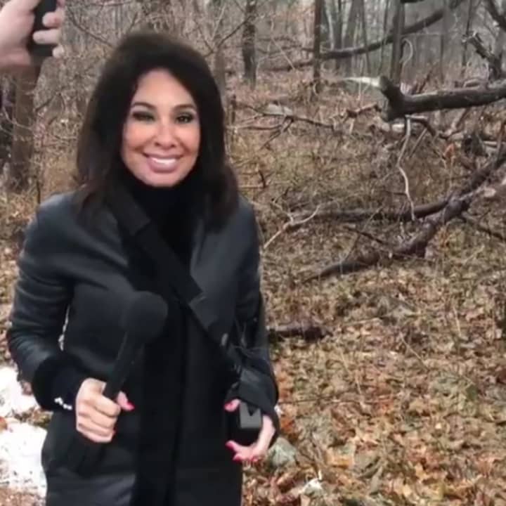 Jeanine Pirro outside of a wooded area in Chappaqua, where she sought to find Hillary Clinton.